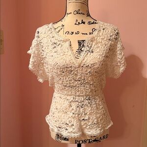 Lace crochet top MUDD S cream off white boho bohemian sheer blouse t shirt teen